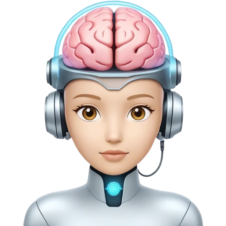 AI neural network visualization with glowing connections and a robotic face”
“Futuristic AI assistant with a holographic interface and digital brain emoji