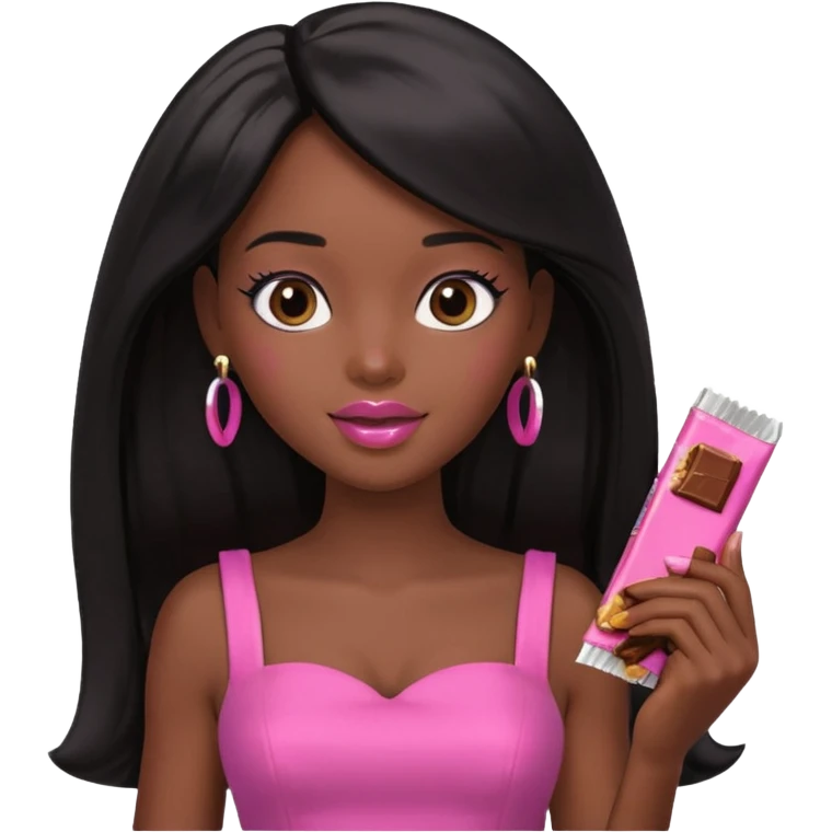 Black barbie, long black  hair, pink dress eating chocalate bar emoji