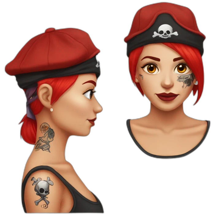 Woman long red one platted hair on one sid short hair on other side Tattoo under shaved hair. pirate hat, skull and crossbones t shirt emoji