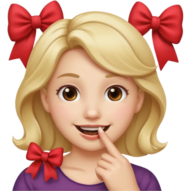 Emoji qui sourire avec le doigt dans la bouche et un noeud dans les cheveux emoji