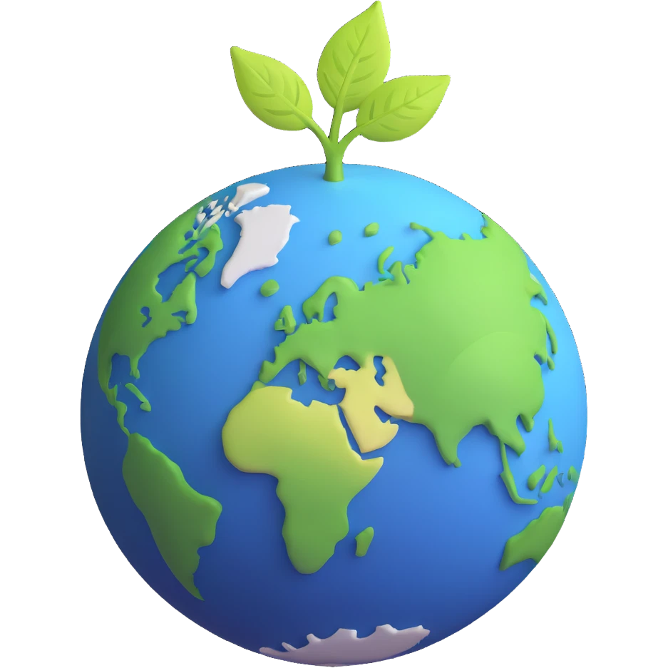 Green leaf on top of a round Earth globe, simple background, soft light emoji