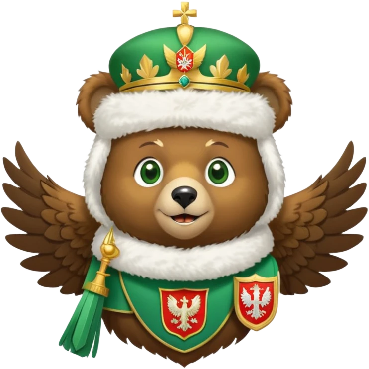 Sweet brown bear face with green eyes, white fluffy ushanka hat with Russian coat of arms showing golden eagle with spread wings, crowns, scepter, orb, and St. George shield, iOS emoji style emoji