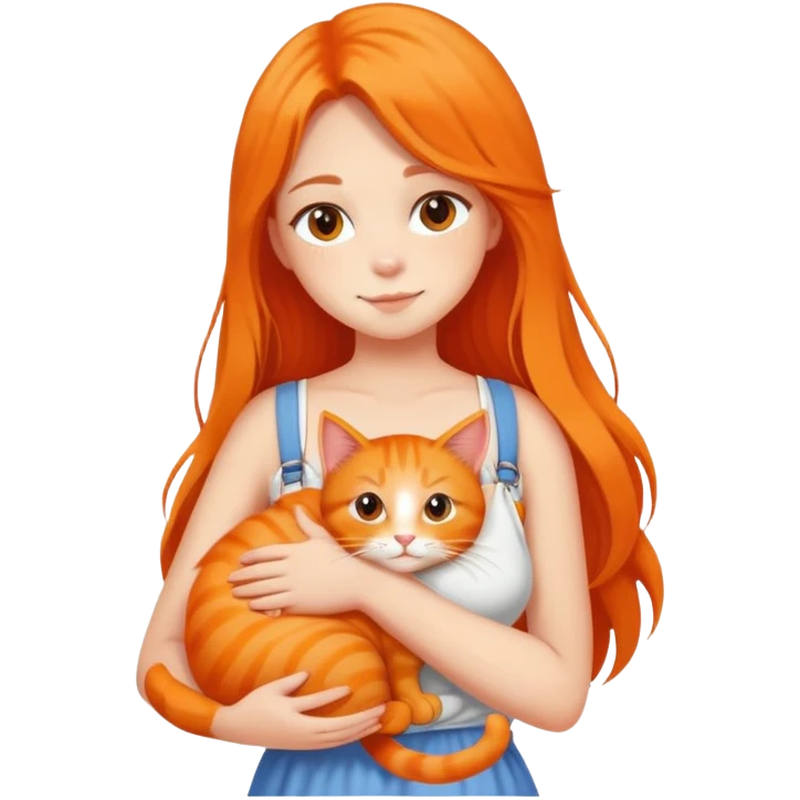 Fair-skinned girl - long hair - white sling - hugging a orange cat emoji