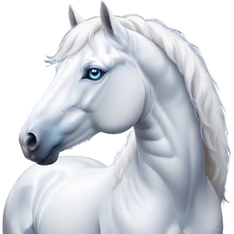 Cinematic Noble White Horse Portrait Emoji, Poised and regal, with a strong, athletic build and a pristine, well-groomed pure white fur, deep-set soulful blue eyes, Simplified yet sharp and sophisticated features, highly detailed, glowing with a soft, dignified glow, high shine, intelligent and majestic, stylized with an air of ethereal grace, focused and attentive, soft glowing outline, capturing the essence of a watchful and confident steed, so majestic it feels as though it could gallop out of the screen with effortless authority! emoji