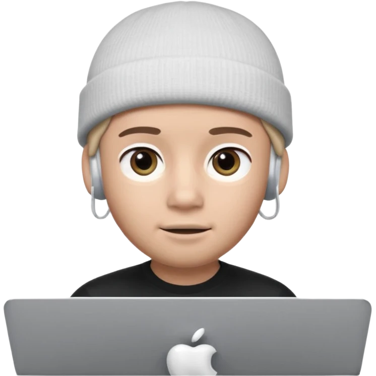 Apple Memoji–style 3D avatar, front-facing, centered.
Young male wearing a dark beanie and white AirPods, behind a silver laptop.
Big expressive eyes, smooth cartoon skin, soft lighting, white background, high quality. emoji