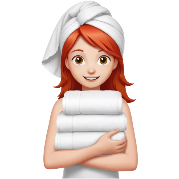 cheerful teenager with red hair carrying a stack of towels in her arms emoji
