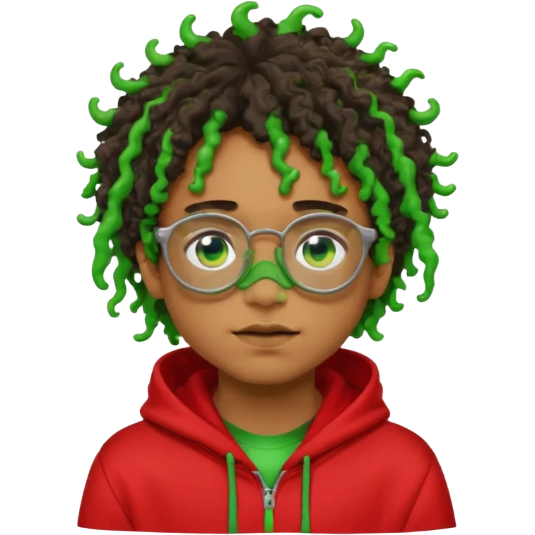 pale light brownskin boy with green slime coming out his eyes, and black glasses, nosering, wit messy, and curly freeforms, wearing a red hoodie with a Glo Gang sun on the hoodie. emoji