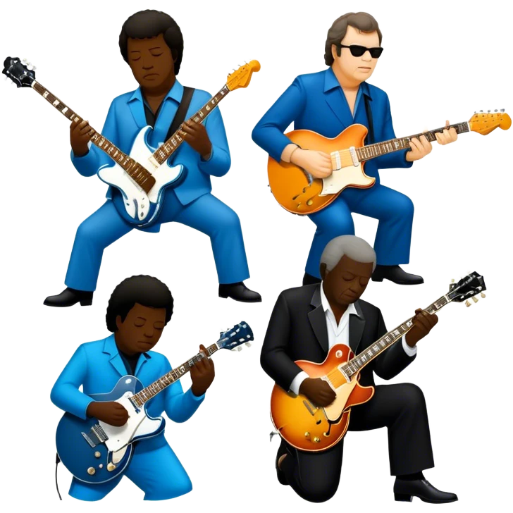 Icon for Blues Music: close-up collage of legendary blues artists. Gary Moore, Eric Clapton, B.B. King and Joe Cocker. Represented by silhouettes or symbolic items like guitars, microphones, or music notes, reflecting the soulful energy of blues music. Transparent background. emoji