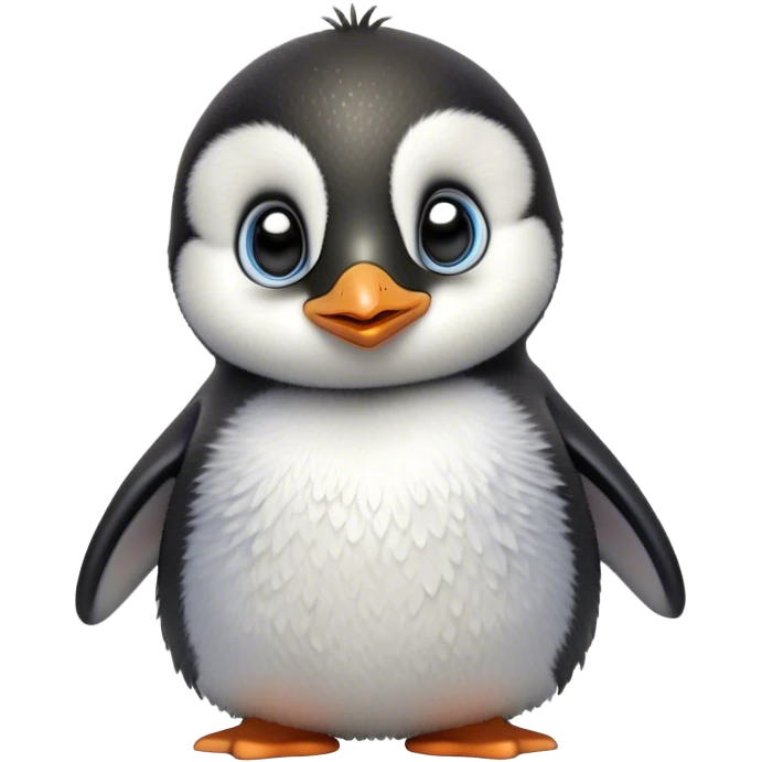 Cinematic Cute Baby Penguin Portrait Emoji, Head tilted playfully and inquisitively, with irresistibly fluffy plumage accented by a tiny beak and round, sparkling eyes filled with wonder, Simplified yet irresistibly adorable features, highly detailed, glowing with a warm, friendly polar glow, high shine, affectionate and lively, stylized with a touch of whimsical charm, bright and endearing, soft glowing outline, capturing the essence of a mischievous yet loving penguin that feels like it could slide out of the screen into your arms! emoji