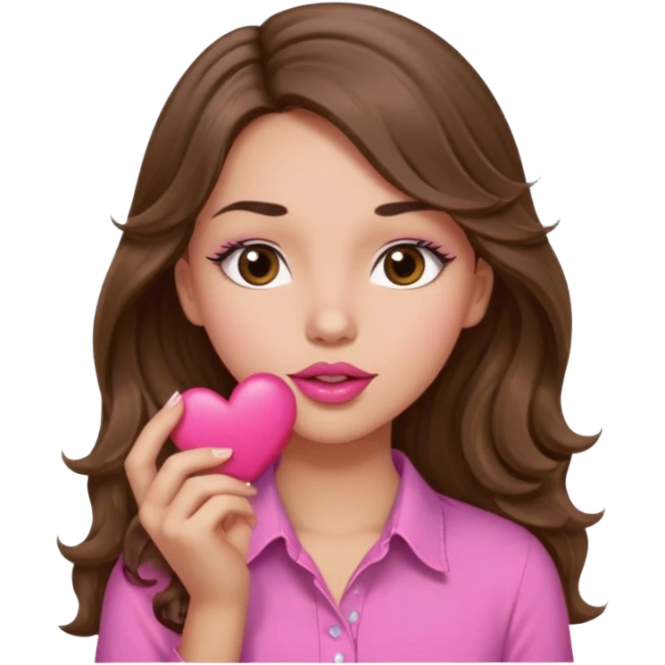 girl with long wavy brown hair, brown eyes, light to medium complexion, in a pink shirt, pink lips, long lashes, puckering up for a kiss, kiss lips and big heart in hand emoji