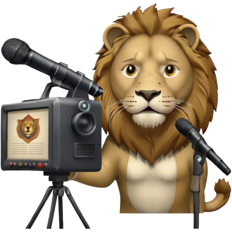 Icon for Documentary TV Show: A TV screen with a microphone, books, historical documents and scientific symbols. Include a roaring lion or other animal, interview setup with a camera and a serious-looking news anchor or narrator. Transparent background. emoji