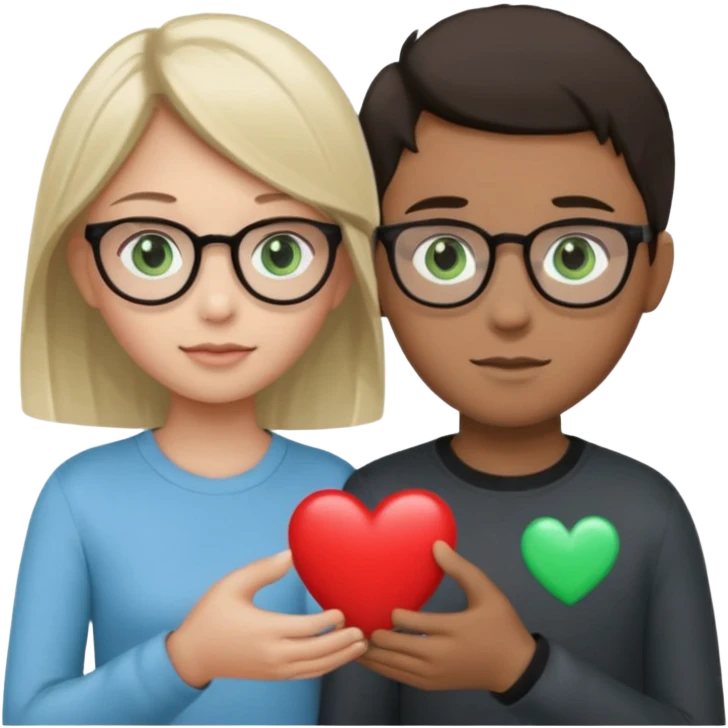 la chica es piel morena clara con pelo oscuro con ojos cafes sin lentes la ropa negra, el chico es de test blanca con gafas y pelo rubio ojos verdes y la ropa de color gris y el corazon que sostienen debe ser azul claro emoji