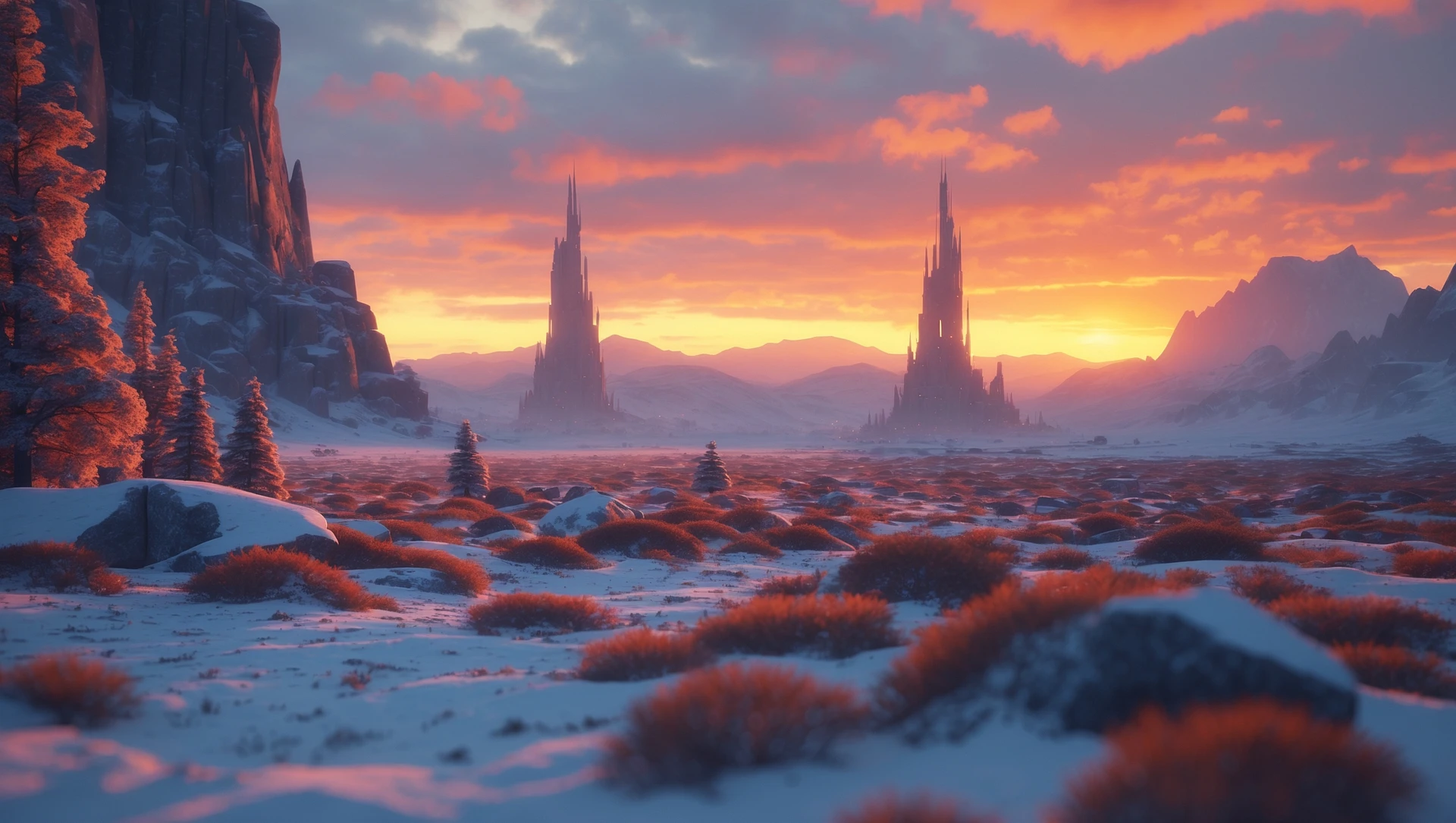 Cinematic, documentary photography, establishing shot, Warhammer 40.000 new title, in the style of snow scenes, ARRIFLEX 35 BL Camera, Canon K35 Prime Lenses, ethereal landscape, 70mm, dedication, Sunset, warm and vibrant colors, dedication emoji