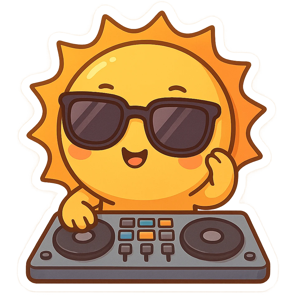 The Sun as a DJ, hands on a mixing board, big sunglasses, fun vibe, chibi stickers style, colorful and dynamic emoji