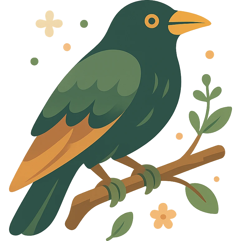 A mysterious crow perched on a branch, surrounded by a soft, magical atmosphere. The crow’s feathers are deep, dark hues with hints of golden orange (FA9B41), forest green (4A7C5C), muted taupe brown (96775A), and pastel peach (FFCC9A) subtly blending into its plumage. The branch is weathered and textured, with small leaves in green and peach tones, and delicate flowers or tiny sparks floating around. The lighting is soft and ambient, casting a warm, mystical glow over the scene, creating a quiet yet enchanting atmosphere. The crow’s sharp eyes and poised posture add to the mysterious, slightly gothic vibe of the moment emoji