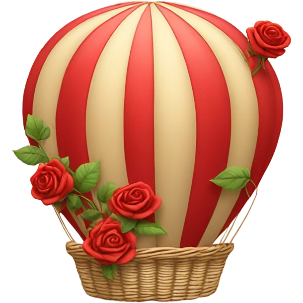 red hot air balloon and beige basket with roses emoji