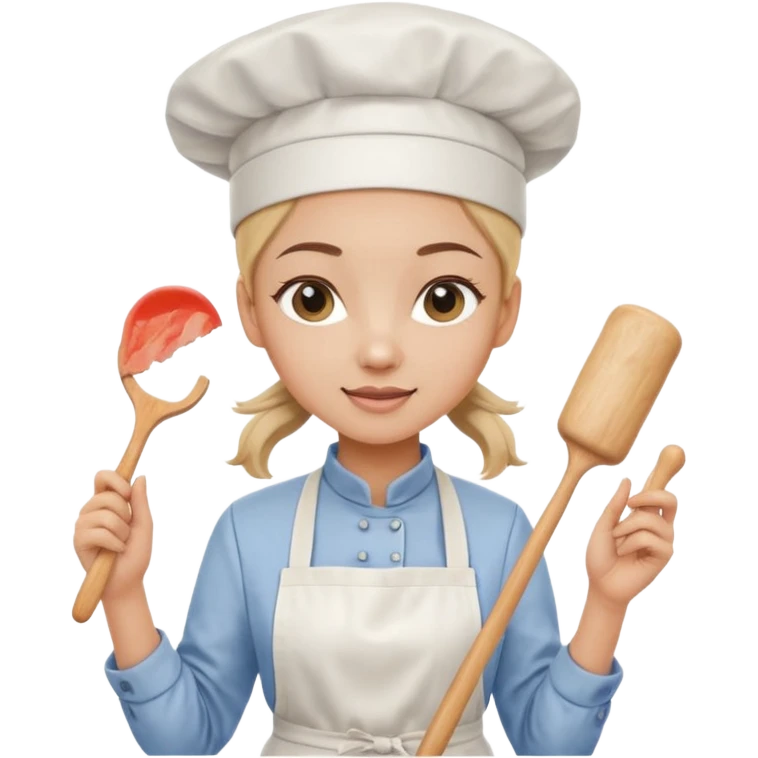 Young female pastry chef - single ponytail, apron, wearing a white hat, holding a rolling pin emoji
