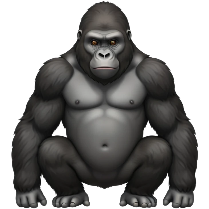 cinematic-friendly relaxed gorilla-realistic-full-body-crouched on all fours-emoji,-poised-with-confidence,-massive-arms-hanging-slightly-forward,-head-tilted-thoughtfully,-thick-black-fur,-deep-dark-eyes-full-of-intelligence,-simplified-yet-realistic emoji