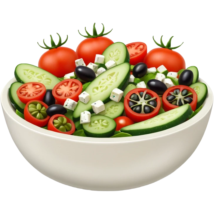 mediterranean salad bowl object icon, tomatoes, cucumbers, olives, feta cheese, olive oil dressing, 3D cartoon, mobile game icon style, clean background, no text, no watermark
 emoji