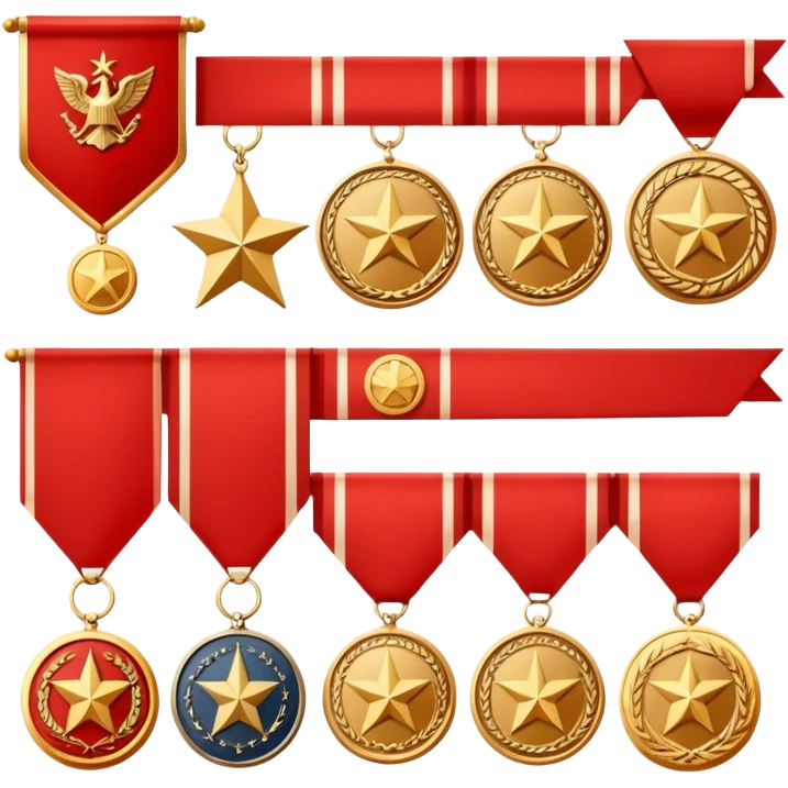 Icon for Collecting Orders, Medals & Badges: a variety of vintage orders, medals and badges, displayed neatly on a big red pennant. The icon should reflect the honor and historical significance of these collectible items. Transparent background. emoji