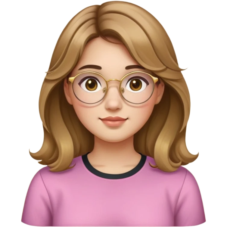 young adult woman with light skin, round face, prominent cheeks, medium plump body, long light brown hair with golden highlights, voluminous and wavy, long bangs over eyebrows, large octagonal glasses with thin golden or light pink frame, casual dark shirt emoji