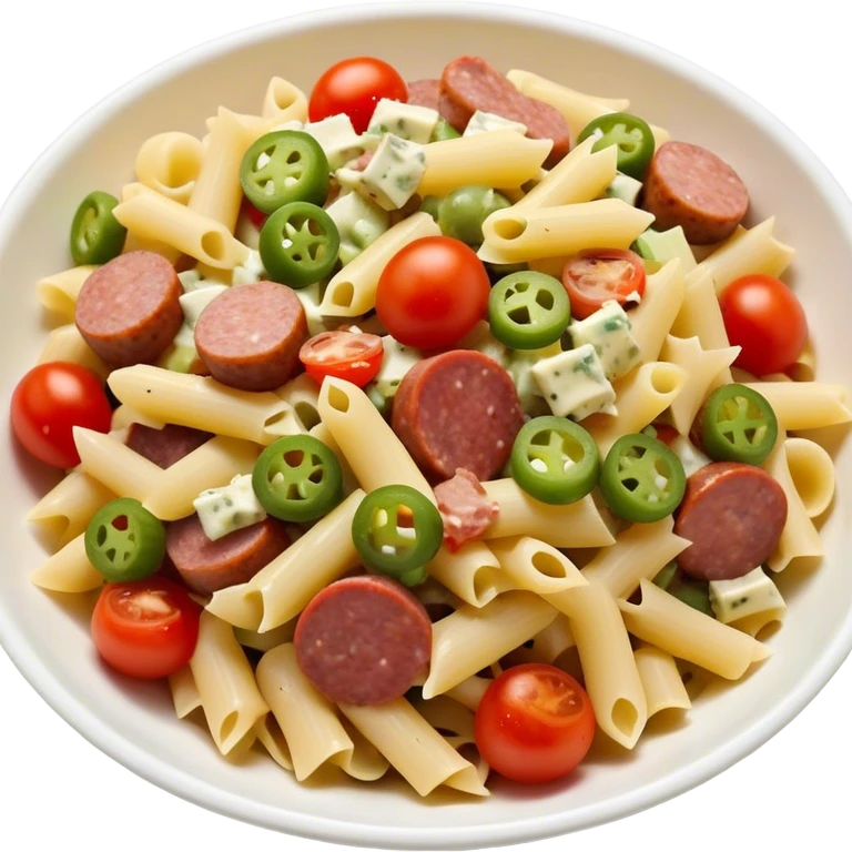Pasta salad with chopped sausage, chopped gherkins, chopped cocktail tomatoes and mayonnaise  emoji