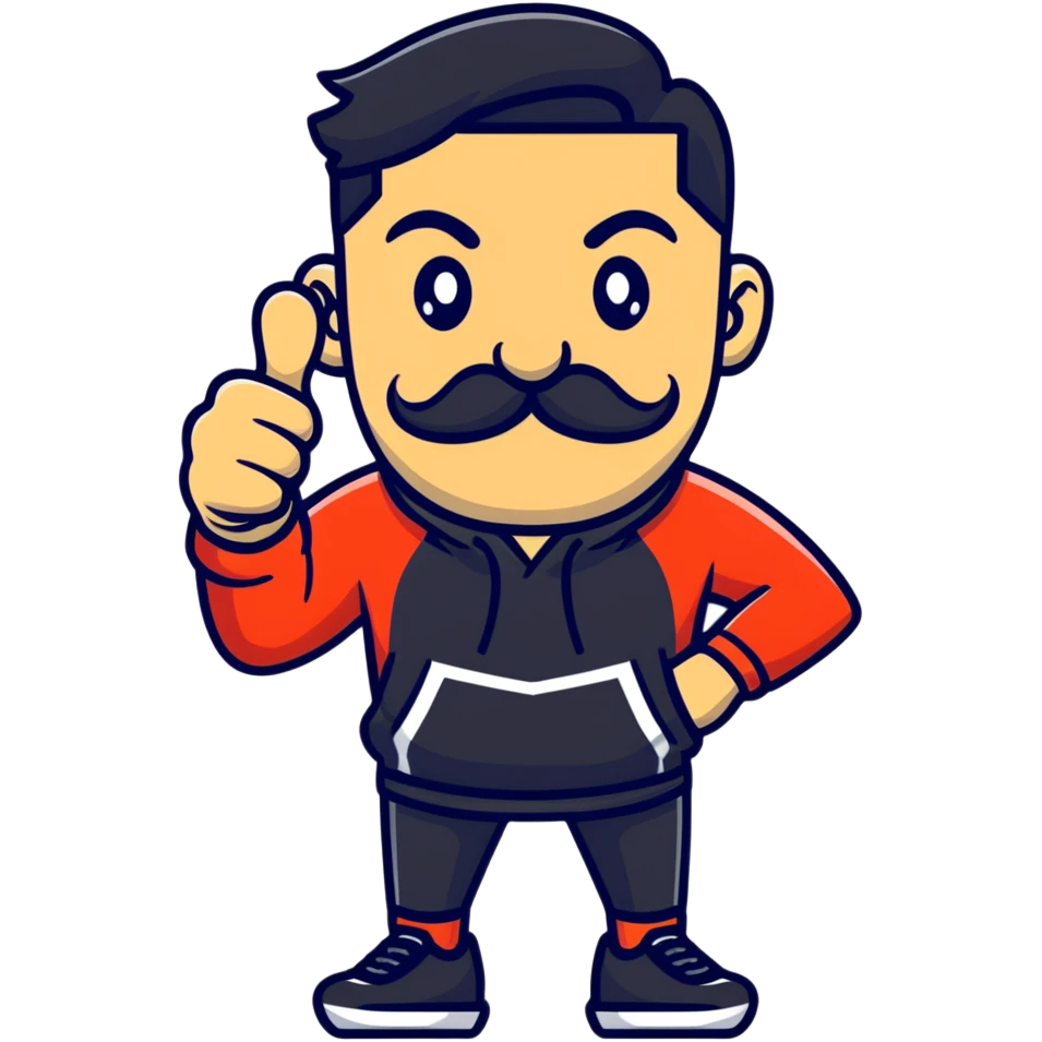Recep İvedik in famous thumbs up pose, mustache, unibrow, wearing sportswear, exaggerated facial expression emoji