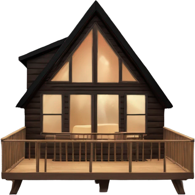 Brown A-Frame Cabin with black roof and glowing windows, and a upper and lower deck and a hot tub on the lower deck emoji