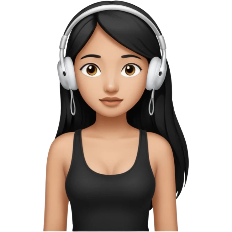 a fair indian girl with straight black long hair, wearing a black cami top. and wearing silver airpods max headphones on emoji