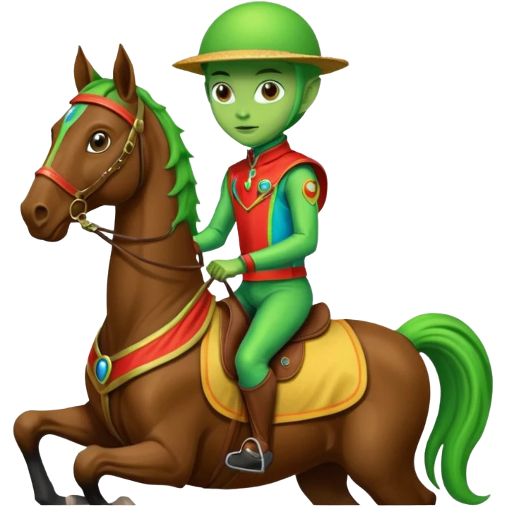 alien riding horse wearing racing cloth emoji