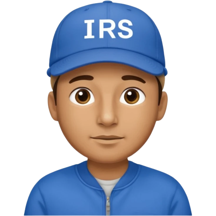 a man dressed in blue with a cap on that says IRS emoji