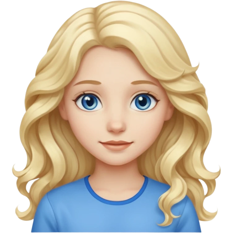 A pale girl with blue eyes and long and blonde , wavy hair , smiling  emoji