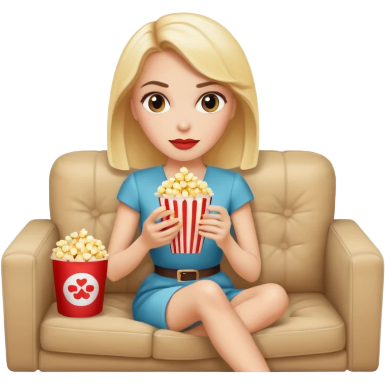 Stylish white woman with makeup watching tv with popcorn on beige couch emoji