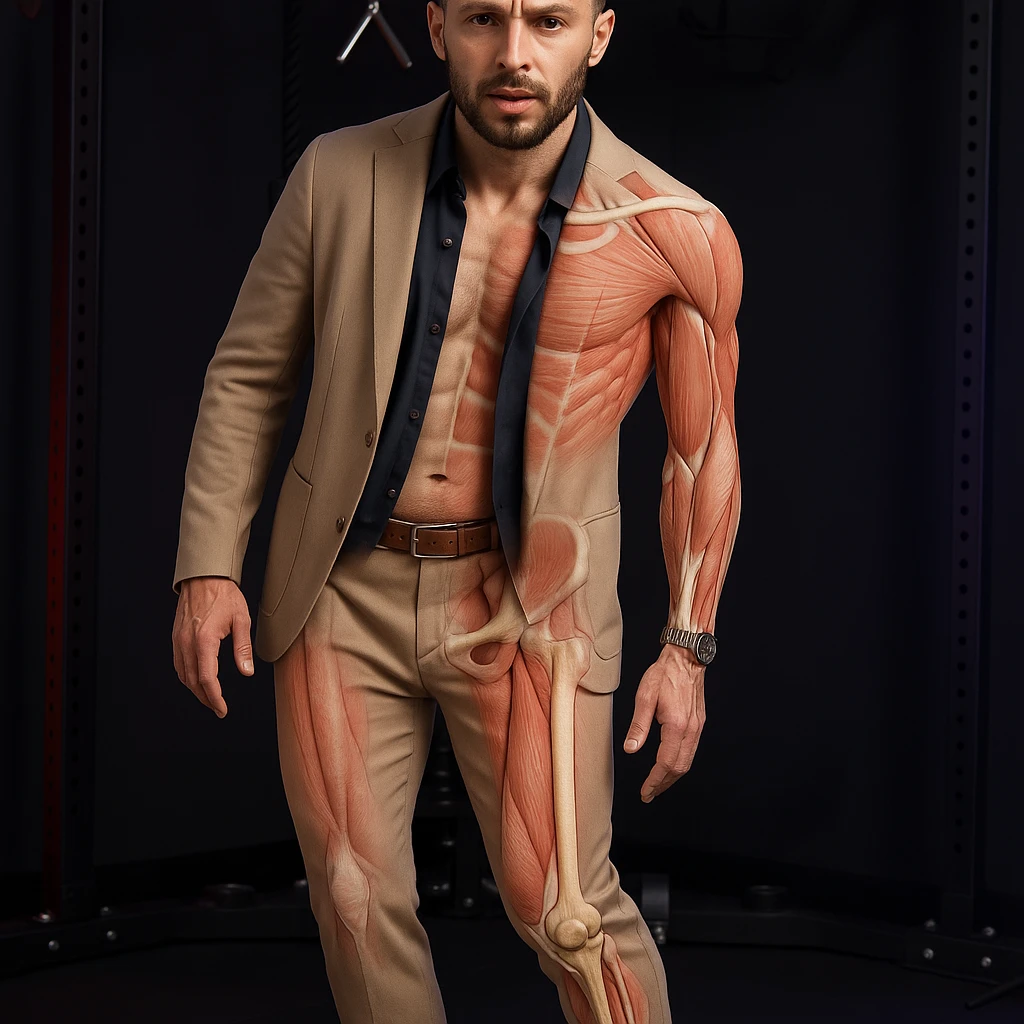 Realistic man standing in a gym, pose as in the reference, pelvis tilted, knee in valgus, and pronated foot. Visible skin and muscles, some translucent areas partially showing bones and joints involved (pelvis, knee, foot). Natural expression, clothing similar to the reference, hyperrealistic 4K details, gym environment. Variant 1. emoji