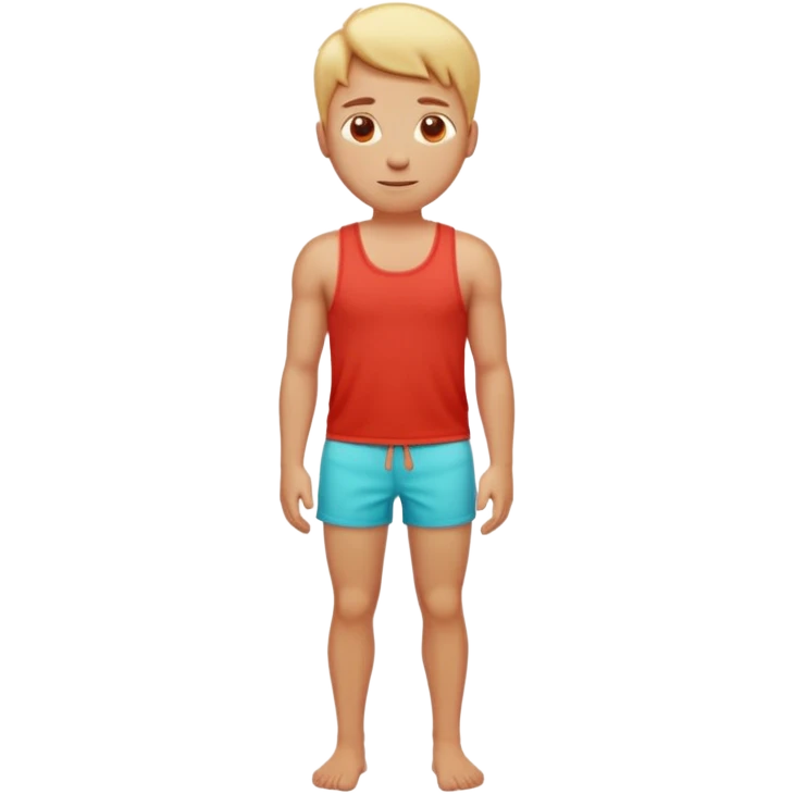 Emoji-style person standing in beach shorts, skin visibly sunburned and red on arms, legs, and face, but chest and shoulders clearly lighter with tank top tan lines. Expression shows mild pain or discomfort, cute rounded emoji design, soft 3D shading, vibrant colors emoji