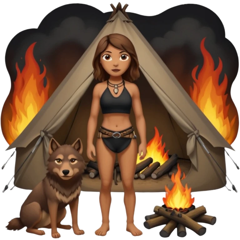 a NEANDERTHAL WOMAN WITH BROWN HAIR STANDING BY A FIRE AND TENT WITH BLACK WOLF HALTER TOP AND COMPUTER' emoji
