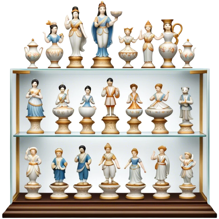 Icon for Porcelain Figurine Collecting: a collection of delicate porcelain figurines, such as animals, dancers, and historical characters, displayed on a shelf or in a display case. The icon should convey the elegance and artistry of collecting porcelain statues. Transparent background. emoji