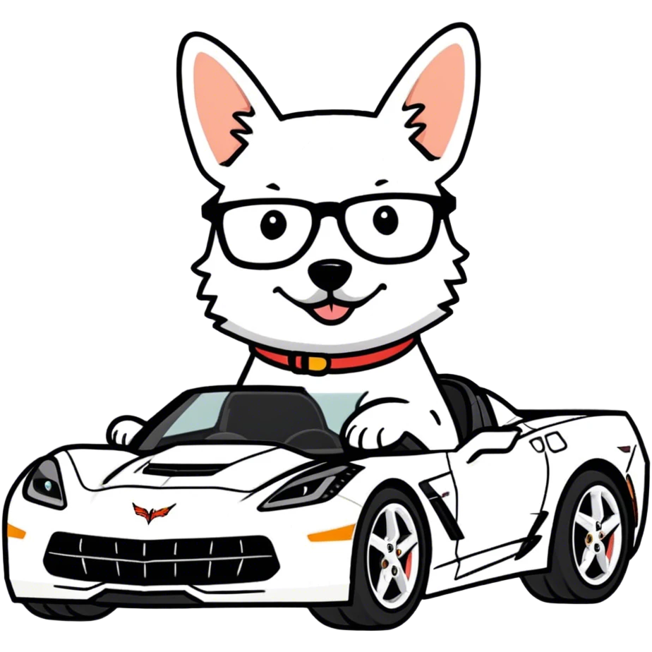 dog riding a c6 corvette with glasses emoji