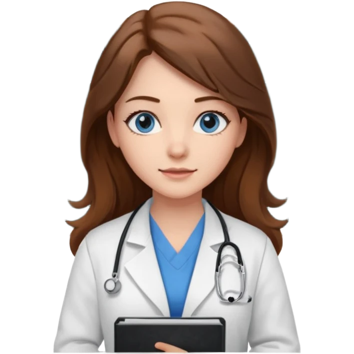 pretty female nursing student with long brown hair, blue eyes inside a classroom at university with blackboard behind her emoji