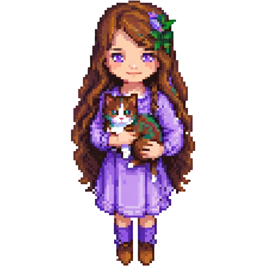 Add a park background to the scene with a girl with long, wavy brown hair, brown eyes, purple clothes, holding a three-color cat in pixel art style. emoji