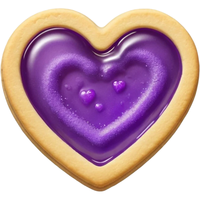 Realistic shortbread cookie in the shape of a heart with violet jelly middle filling and sprinkled powder sugar on top. emoji