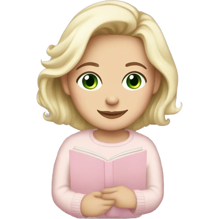 Pretty Green eyed white girl with light pink sweater reading cozy emoji