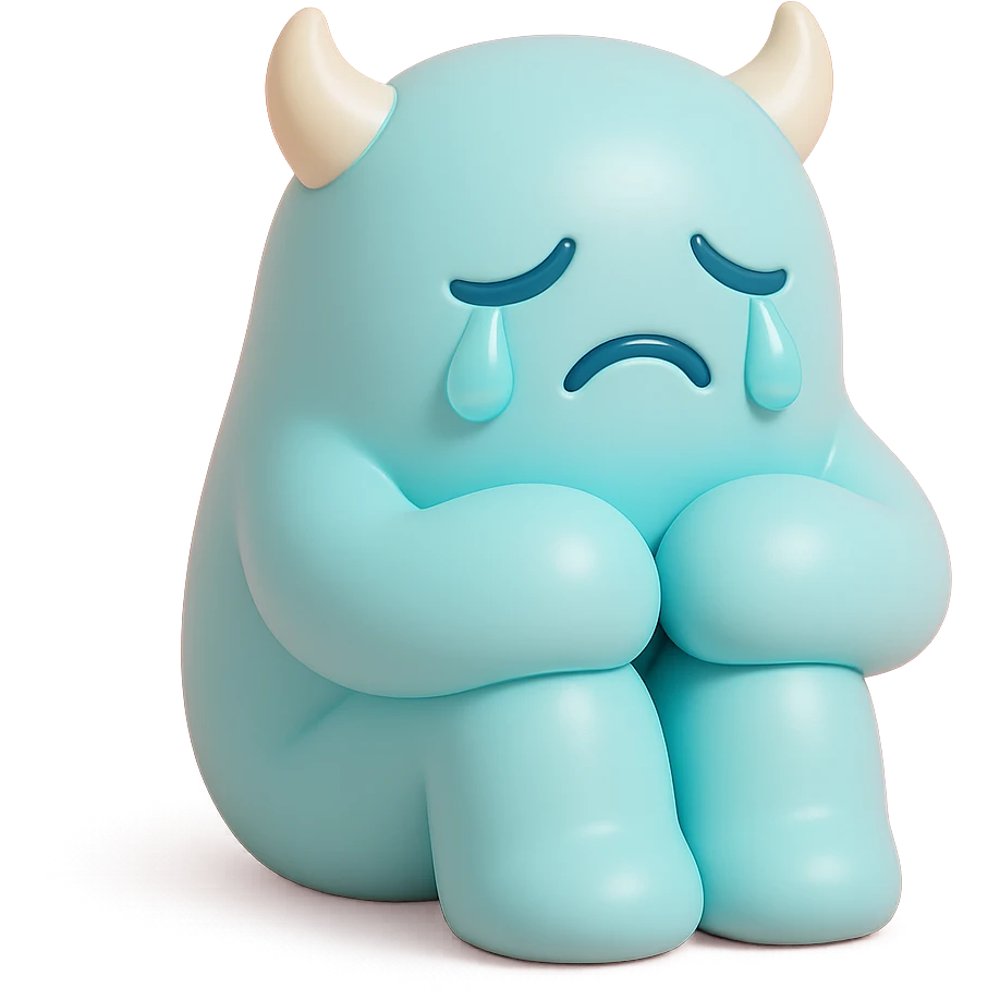 sad monster sitting with its knees up, crying, small horns, pastel color palette, no background, vinyl figure style emoji