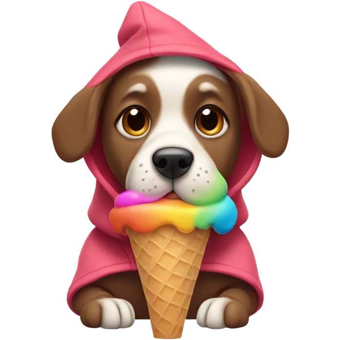 Dog wearing a hoodie eating ice cream emoji