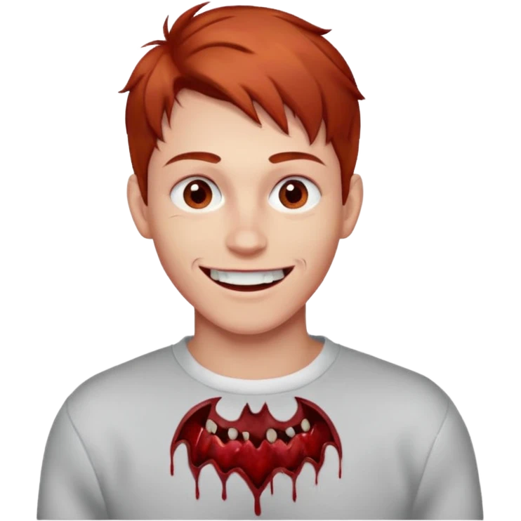 парень с красно-русыми волосами; бледная сероватая кожа; белые глаза; открытая улыбка, где на зубах кровь; одет в белый свитер emoji