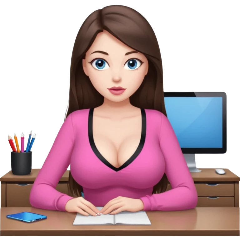 sexy woman brunette, very large breasts, pale skin, blue eyes, long brown hair, tight pink low cut  blouse, big pink lips, short black skirt. at desk emoji