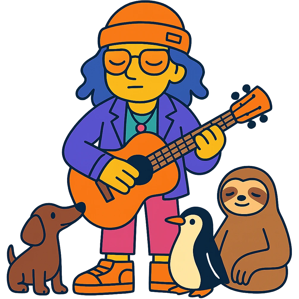 sleepy, creative musician with cool fashion, holding a guitar, surrounded by dachshund, penguin, and sloth emoji