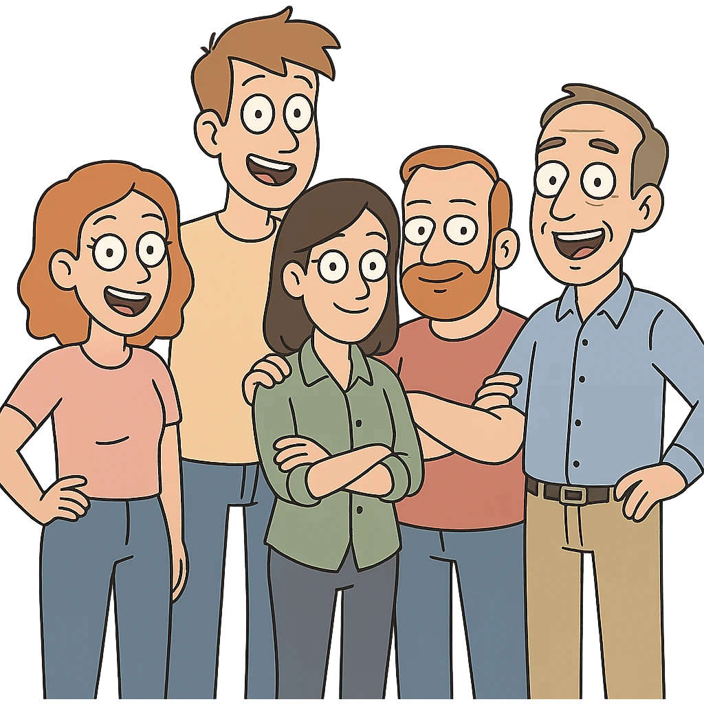 five white people standing together as a team, playful cartoon style emoji