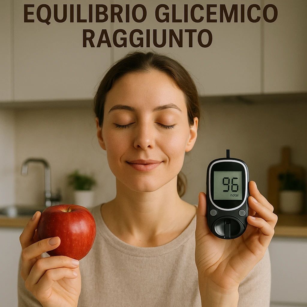 close-up of a woman with serene expression holding an apple and a glucometer with normal values, natural light, modern kitchen background, Italian text 'Equilibrio glicemico raggiunto', 4K quality emoji
