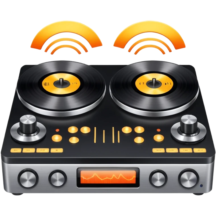 A dual turntable deck with glowing knobs and waveform screens.
 emoji